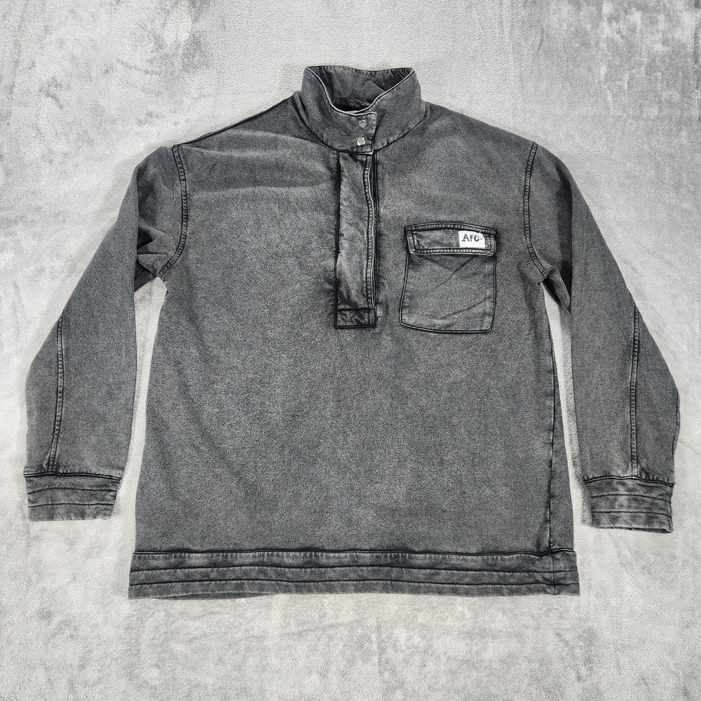 AFCo Shirt Mens Medium Gray Denim Snap Pullover Stand Collar Chest Pocket